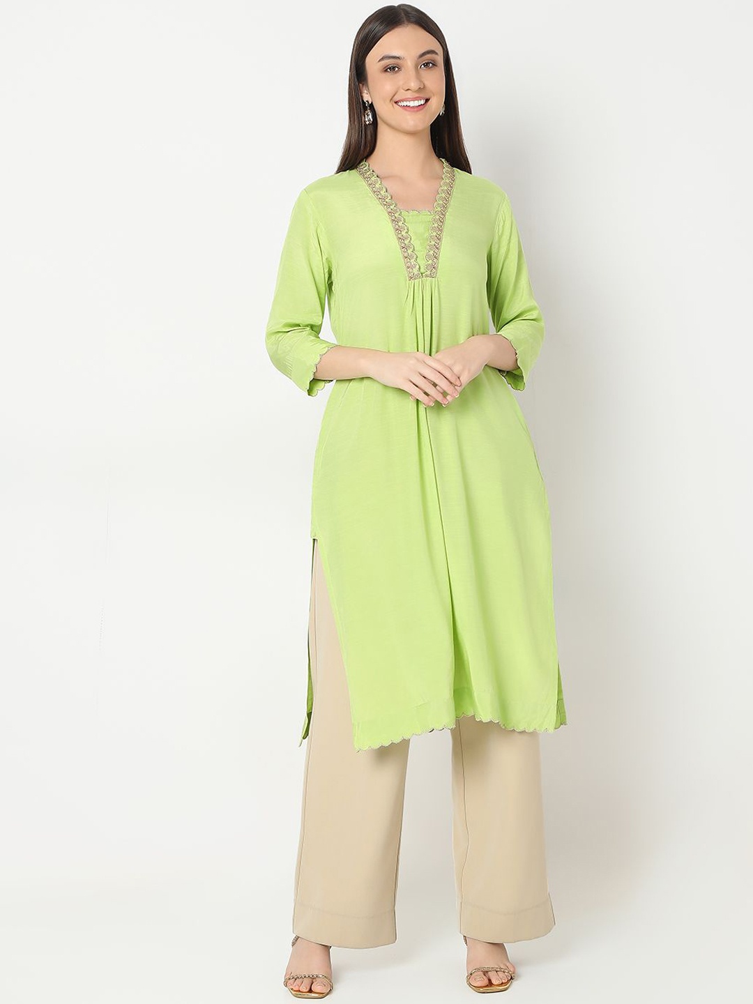 

Ethnicity Women Checked Flared Sleeves Thread Work Kurta, Green