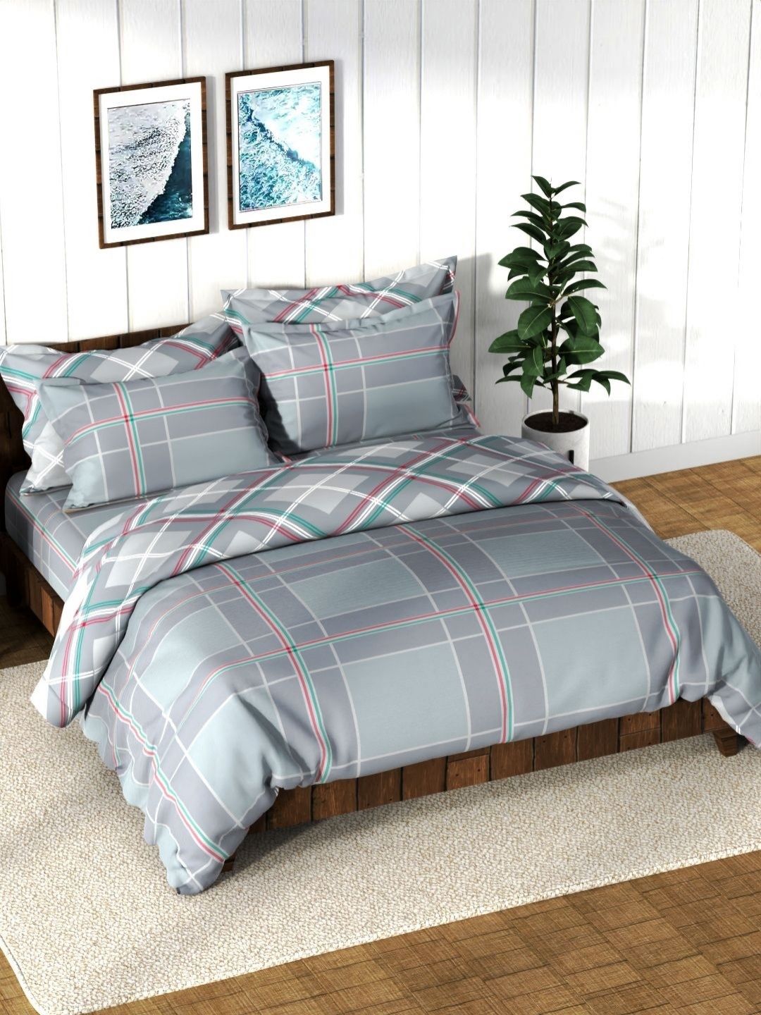 

Nautica Grey & White Checked Cotton 4 Piece Double Queen Regular Bedding Set