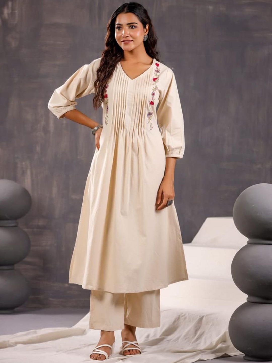 

KALINI Women Floral Embroidered Pleated Thread Work Pure Cotton Kurta with Palazzos, Cream