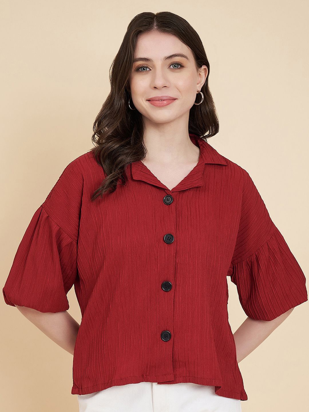 

HERE&NOW Women Classic Boxy Opaque Striped Casual Shirt, Red