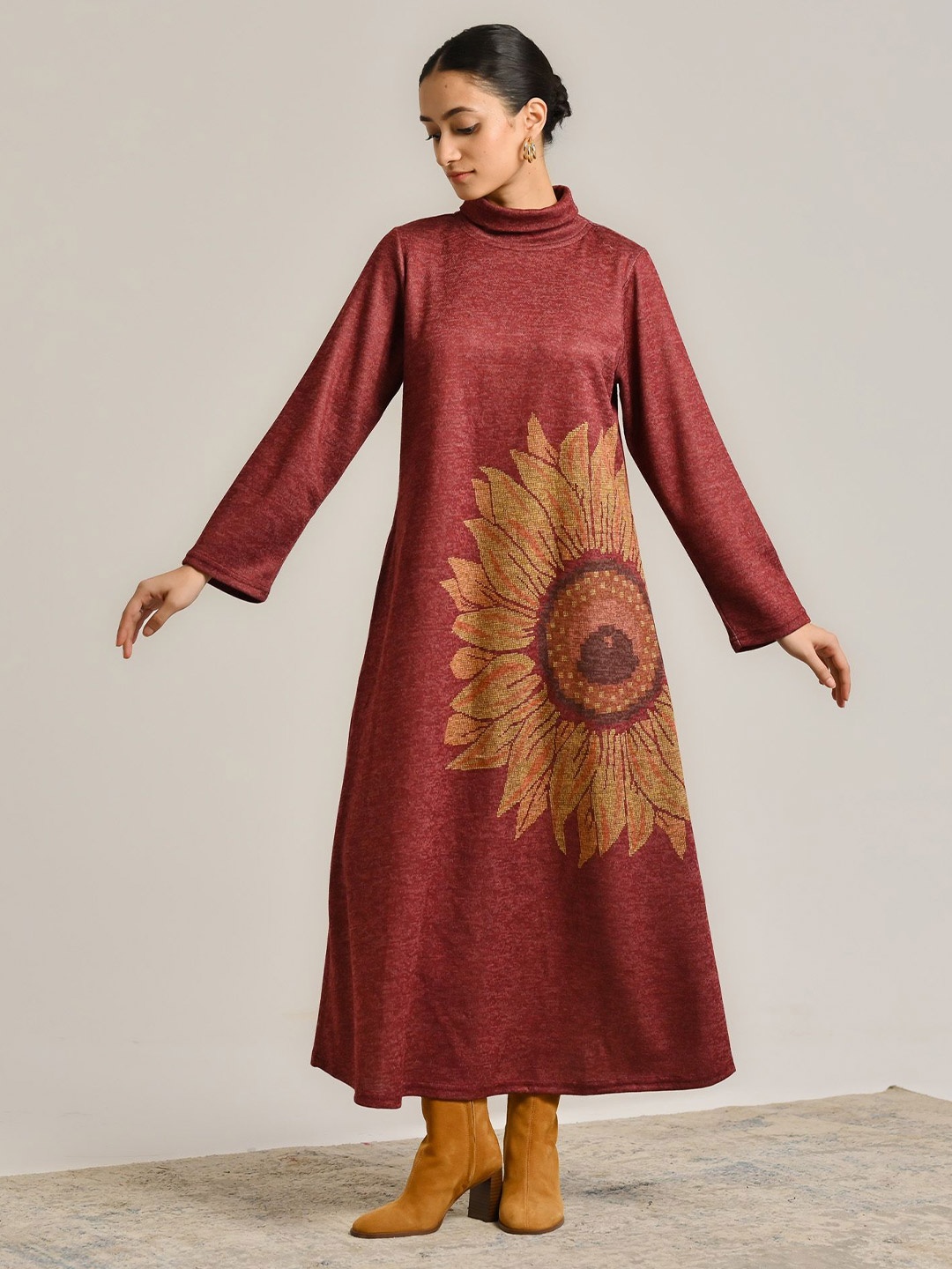 

Rustorange Ethnic Motifs Print Cowl Neck Woollen A-Line Maxi Dress, Maroon