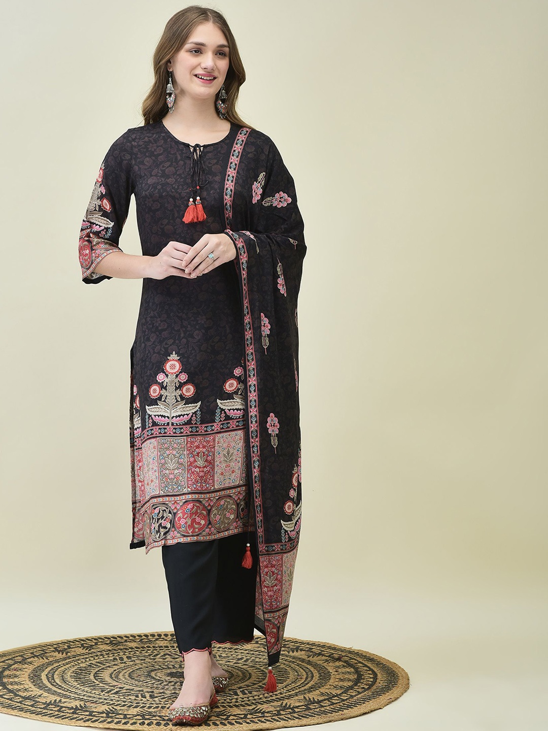 

Shree Women Ethnic Motifs Printed Liva Kurta with Trousers & With Dupatta, Black