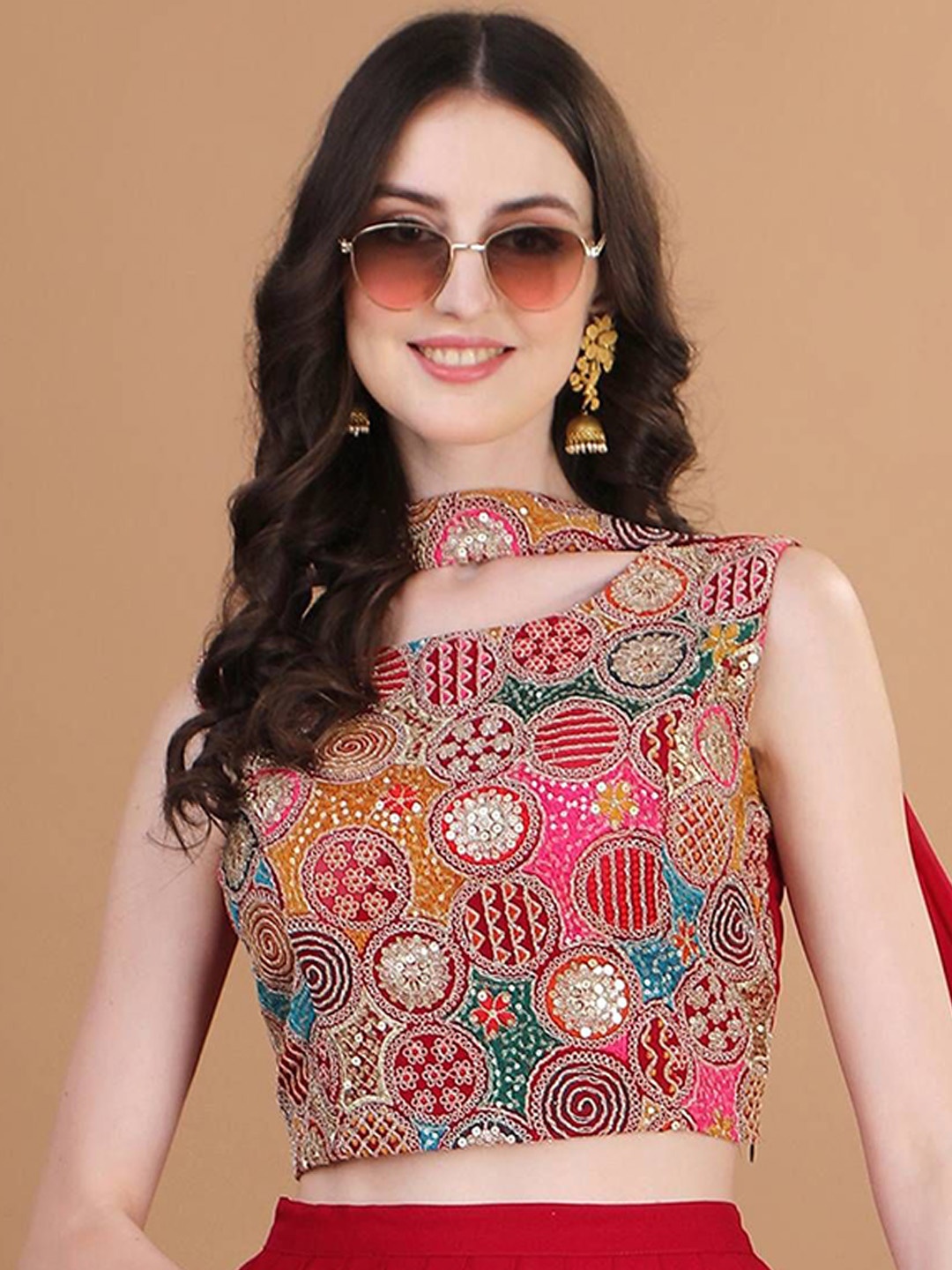 

Kinjo Women Ethnic Motifs Embroidered Crop Top, Red