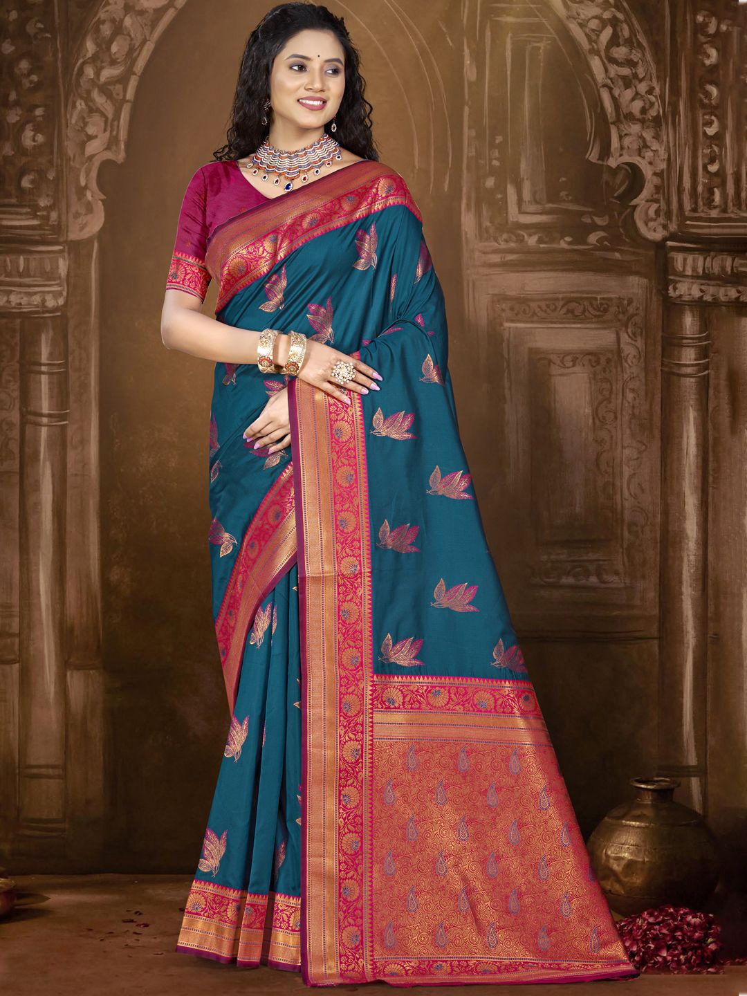 

SANGAM PRINTS Woven Design Zari Silk Blend Tussar Saree, Blue