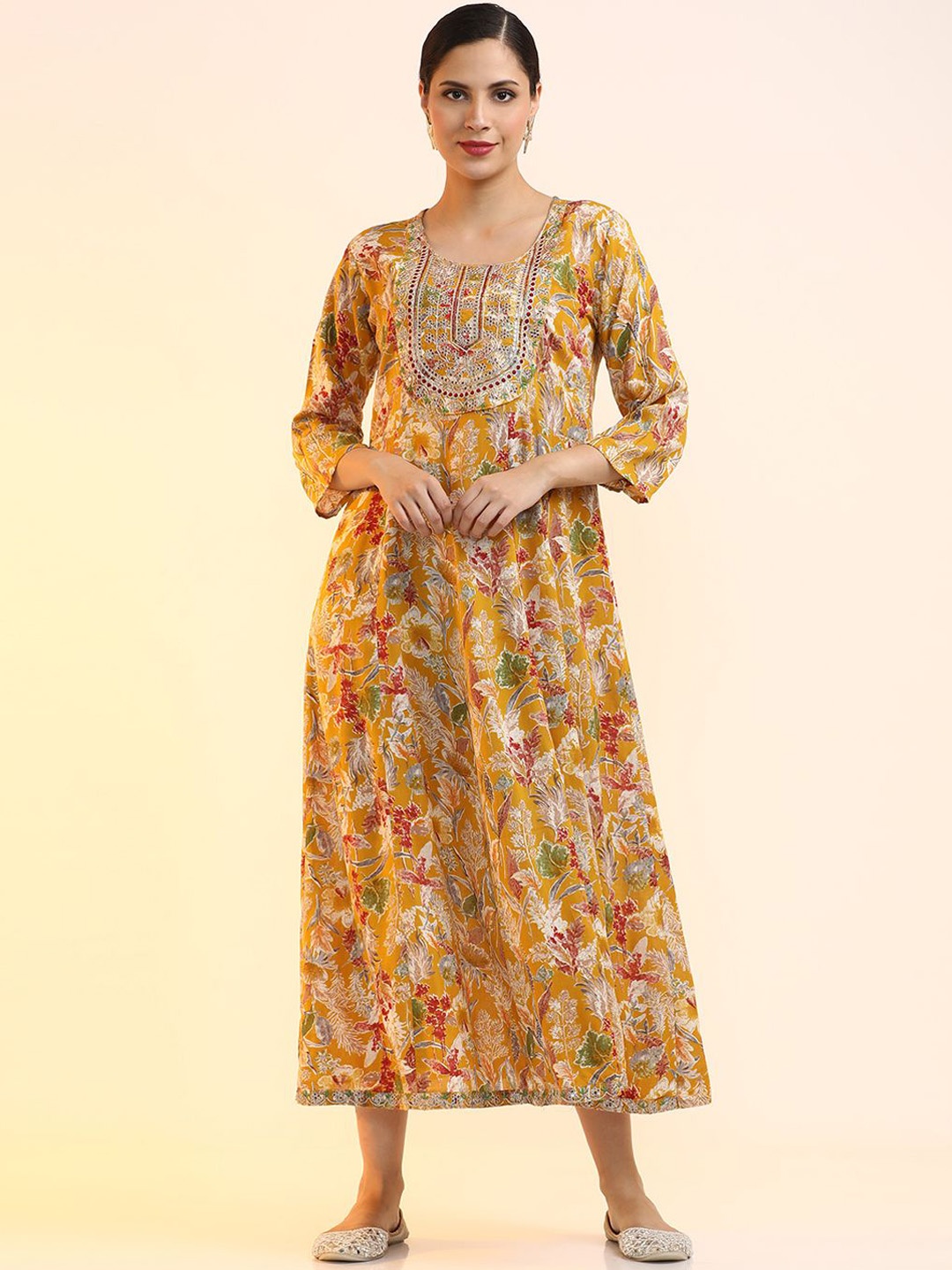 

Jaipur Kurti Women Embroidered A-line Ethnic Dress, Mustard