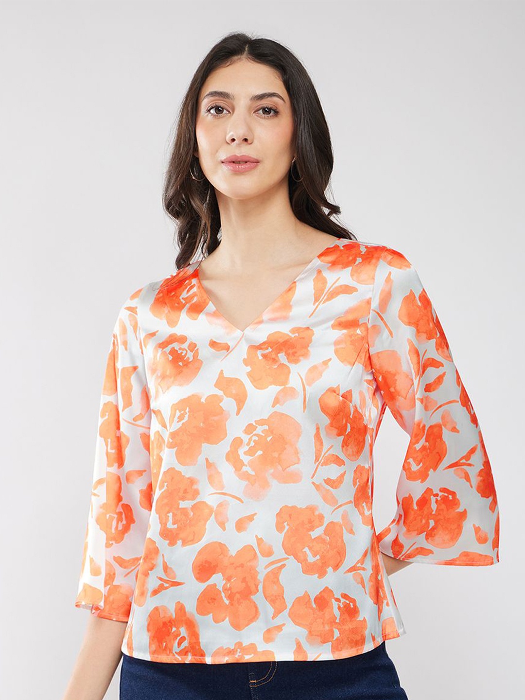 

FableStreet Floral Print Puff Sleeve Satin Top, Off white