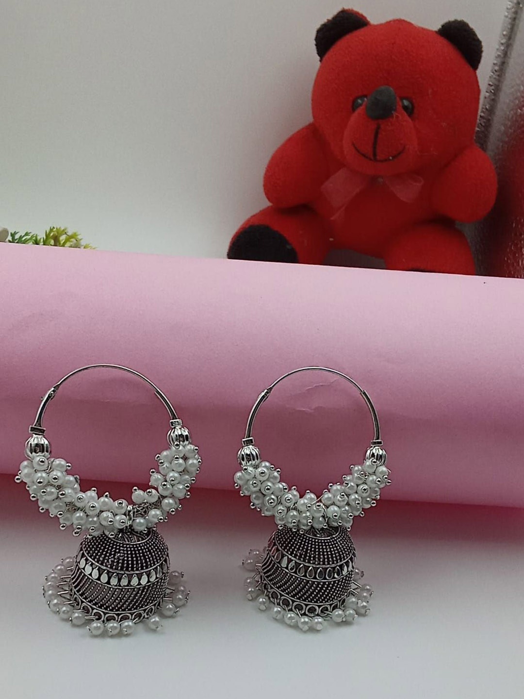 

JMBW INTERNATIONAL Contemporary Jhumkas Earrings, Silver