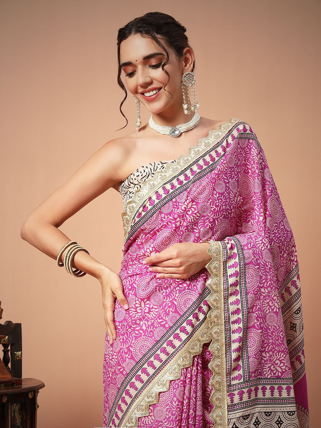 

Anouk Floral Printed Pure Cotton Block Print Saree, Magenta
