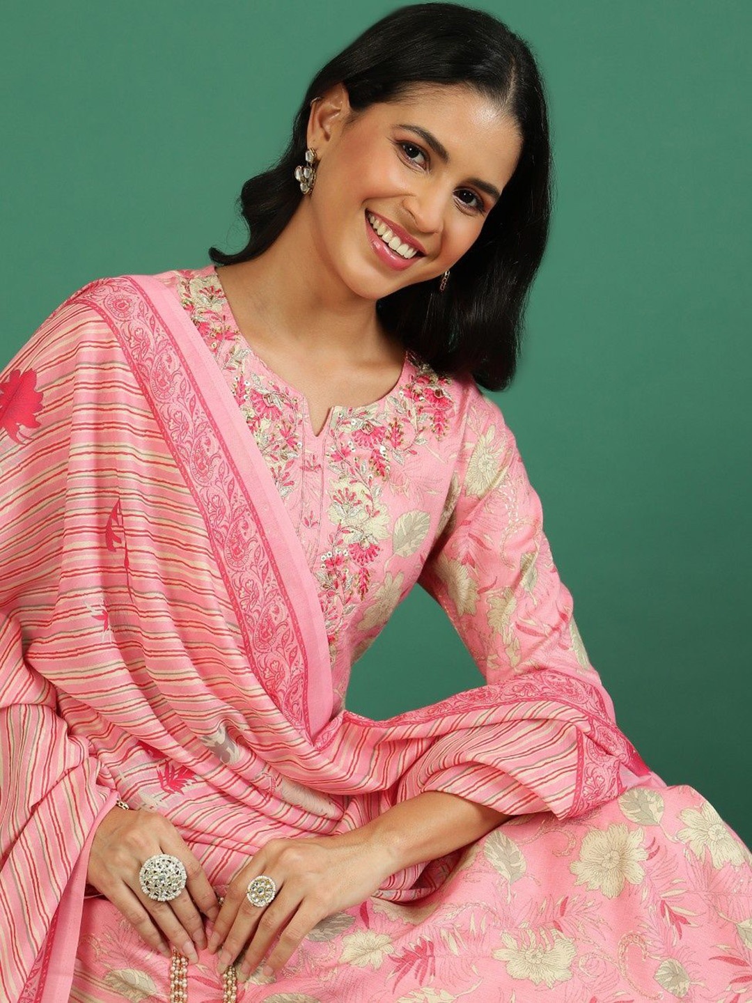 

Sangria Floral Printed & Embroidered Kurta & Trouser With Dupatta, Peach