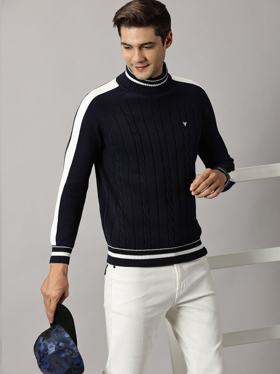 

BLACK BUCK Cable Knit Colourblocked Turtle Neck Sweater, Navy blue