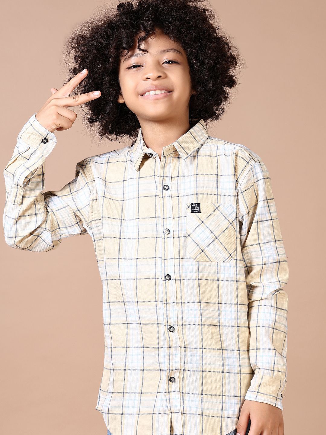 

V-Mart Boys Windowpane Checks Opaque Checked Casual Shirt, Khaki