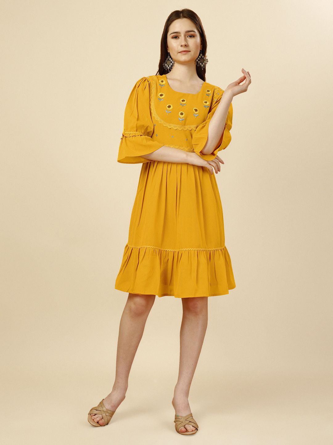 

all about you Embellished Embroidered Georgette Fit & Flare Dress, Yellow