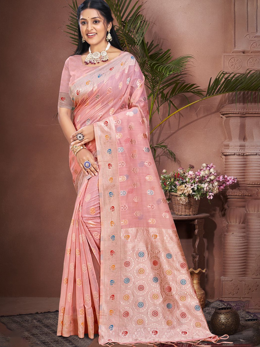 

SANGAM PRINTS Woven Design Zari Designer Tussar Saree, Pink