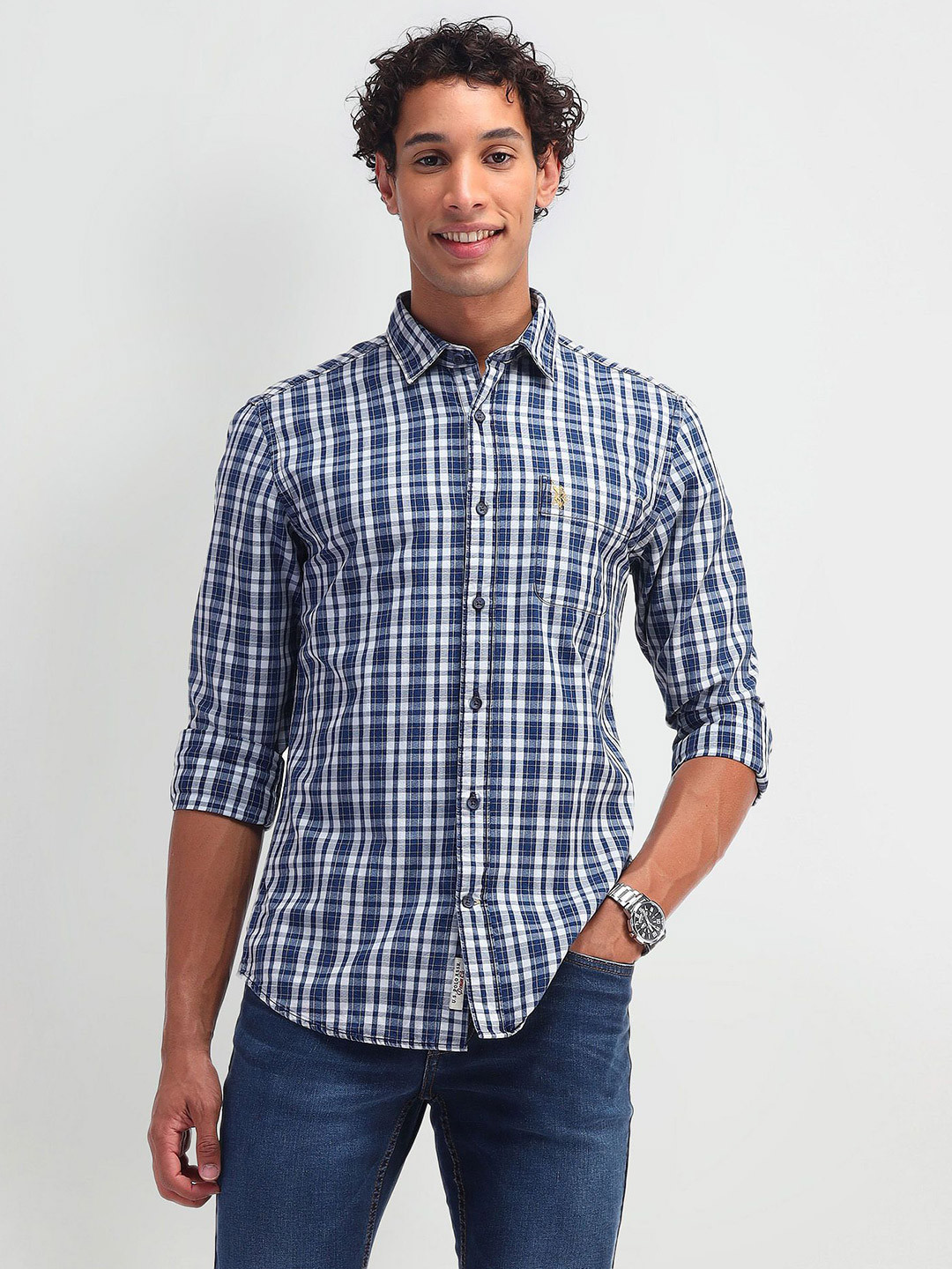 

U.S. Polo Assn. Denim Co. Men Spread Collar Tartan Checked Cotton Slim Fit Casual Shirt, Blue