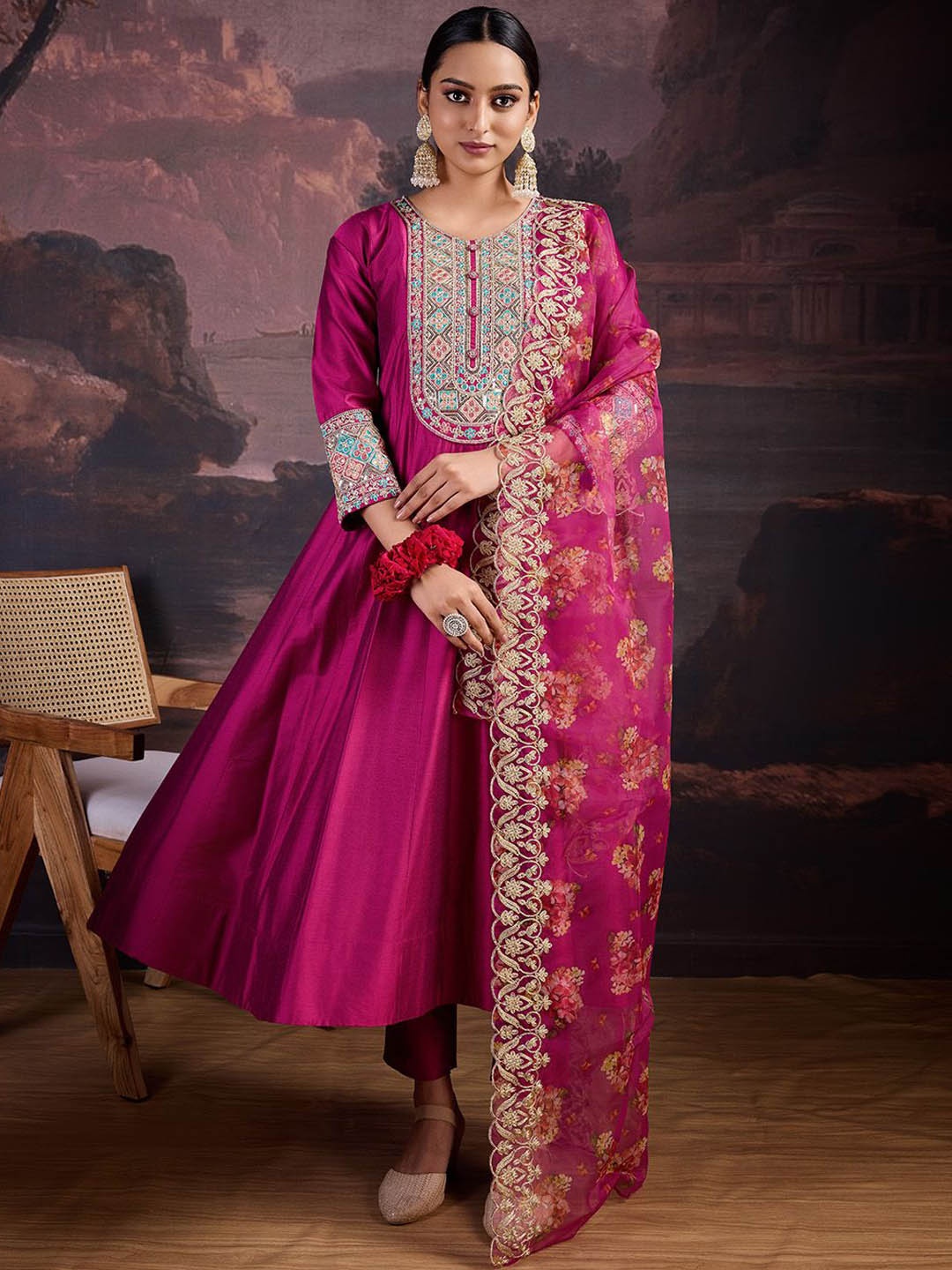 

House of Pataudi Embroidered A-Line Kurta & Trouser With Dupatta, Magenta