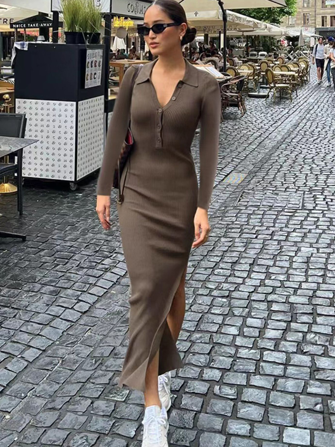 

LULU & SKY Shirt Collar Sheath Midi Dress, Brown