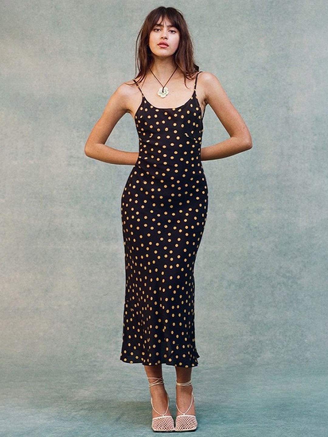 

LULU & SKY Polka Dot Printed Shoulder Straps Backless Sheath Midi Dress, Black