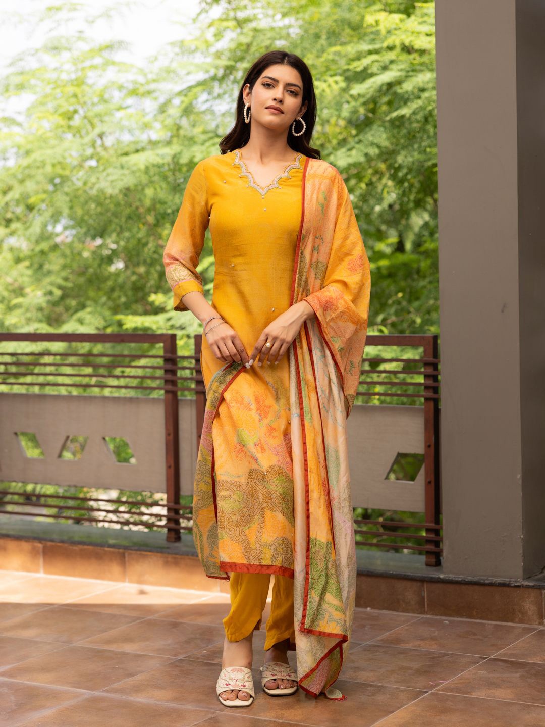 

Ambraee Floral Printed Beads and Stones Kurta With Trousers & Dupatta, Orange