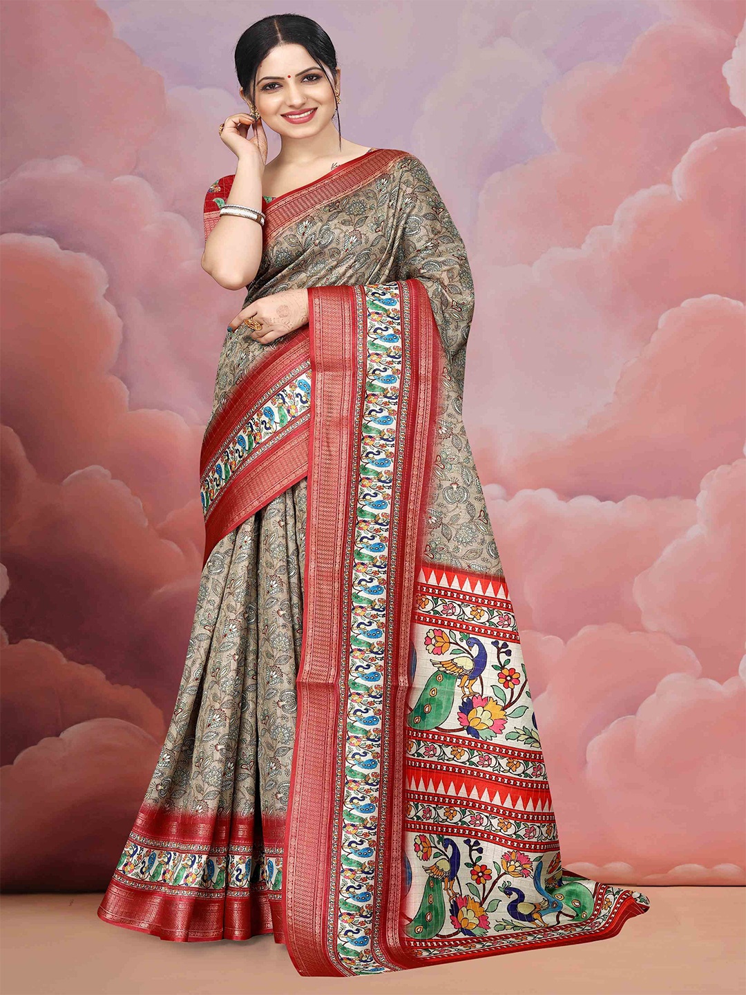 

STAVA CREATION Floral Zari Poly Crepe Kota Saree, Brown