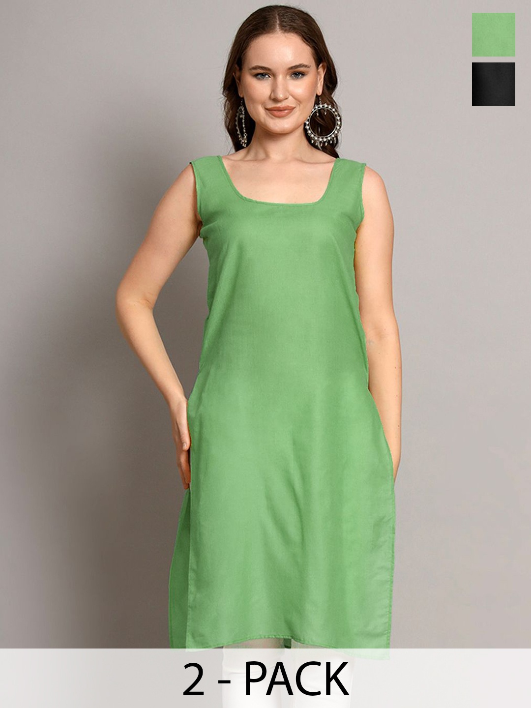 

The Chikan Label Pack Of 2 Cotton Sleeveless Long Slips, Green