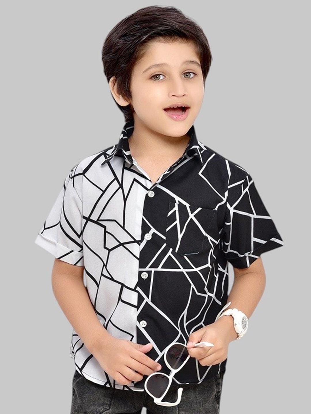 

BAESD Boys Comfort Spread Collar Abstract Printed Cotton Casual Shirt, White