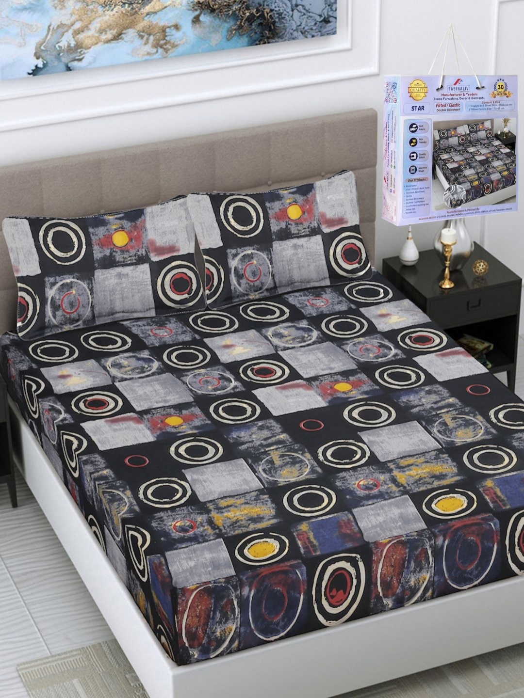 

FABINALIV Black & Grey Geometric 300 TC King Bedsheet with 2 Pillow Covers 2.50 m x 2.25 m