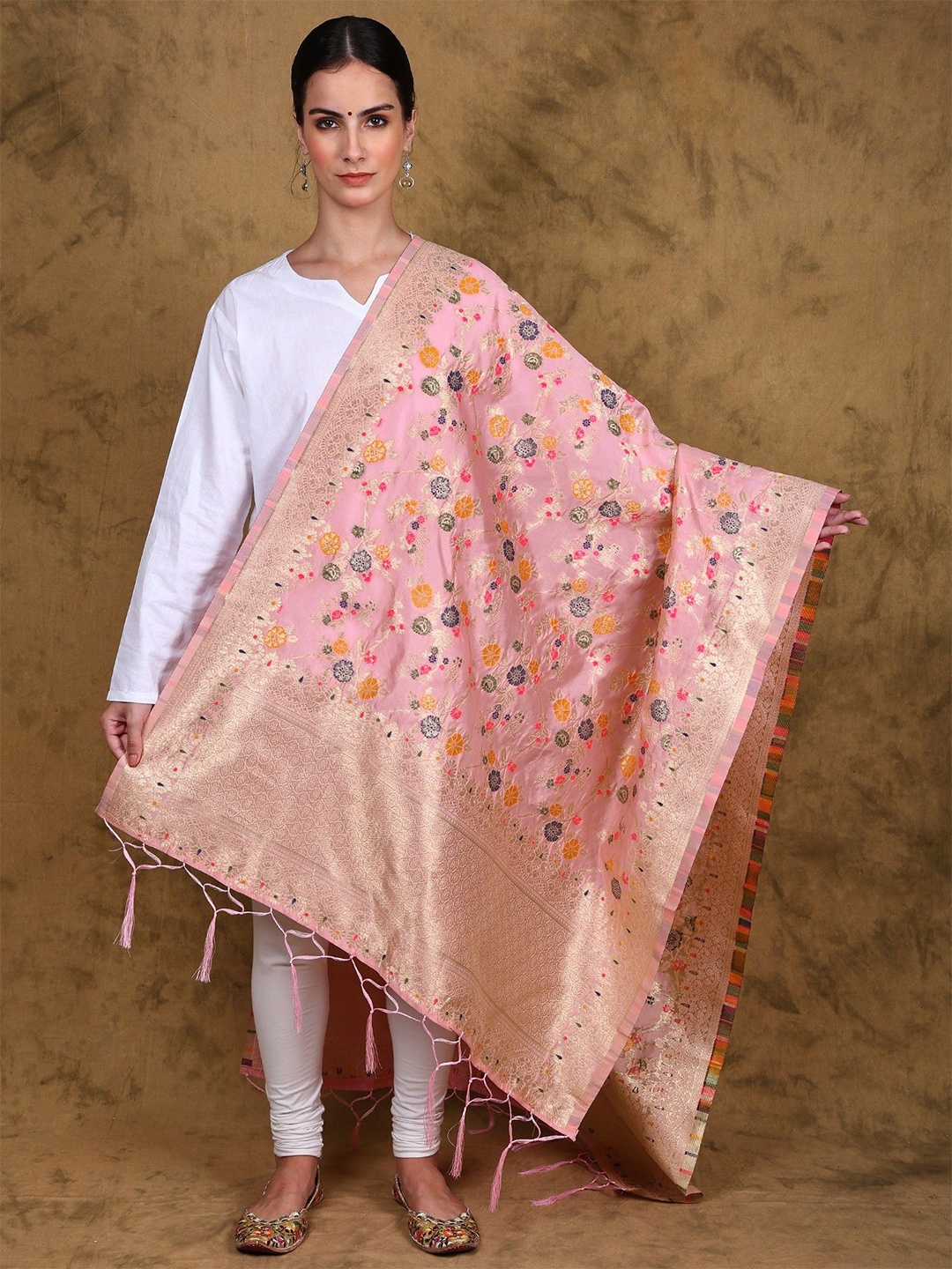 

Exotic India Orchid Pink Art Silk Dupatta with All Over Brocaded Multicolor Floral Vines