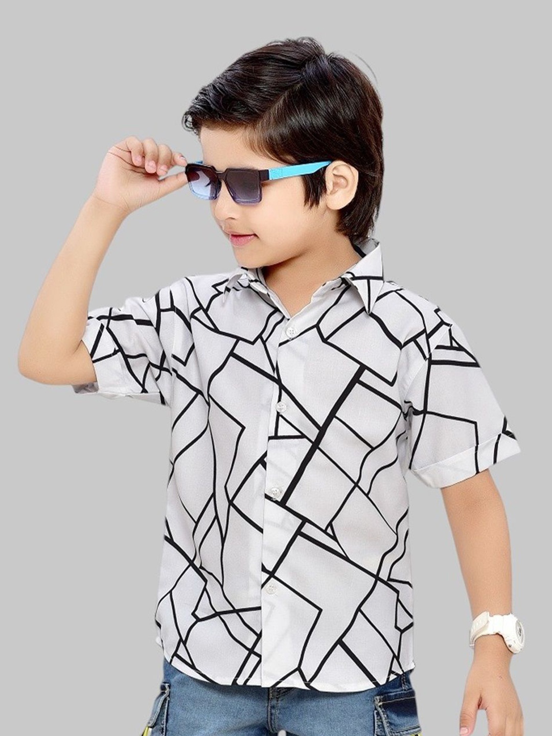 

BAESD Boys Comfort Spread Collar Abstract Printed Cotton Casual Shirt, White