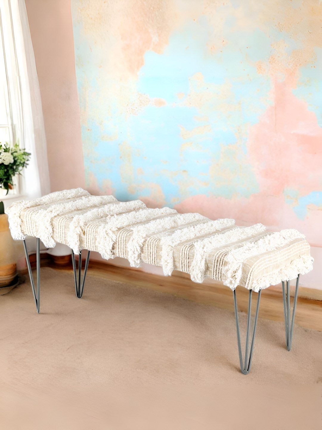 

Ikiriya Beige Sheesham Wood 3-Seater Bench With Metal Legs & Fringes