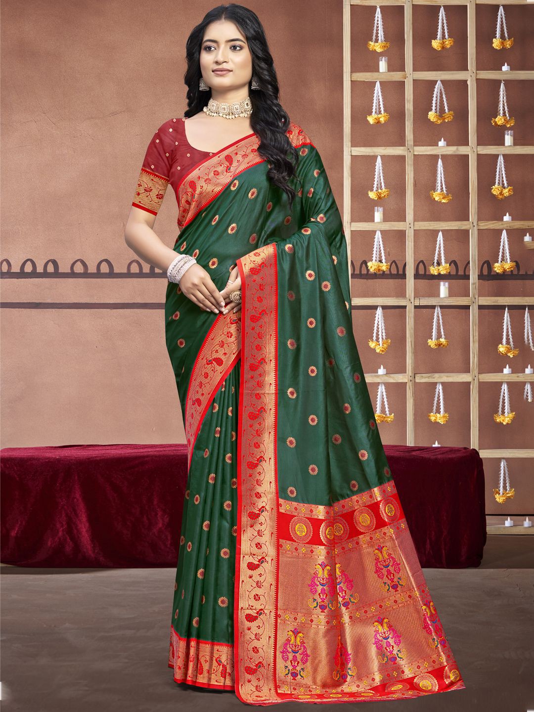 

SANGAM PRINTS Woven Design Zari Silk Blend Designer Tussar Saree, Green
