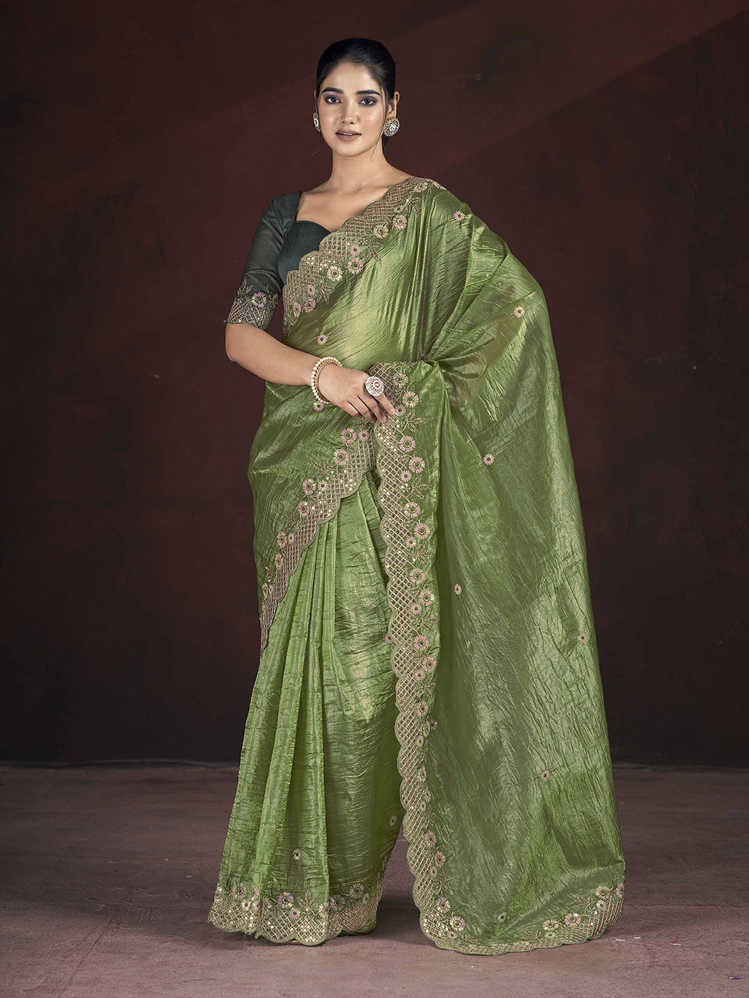 

Ethnielle Embellished Saree, Olive