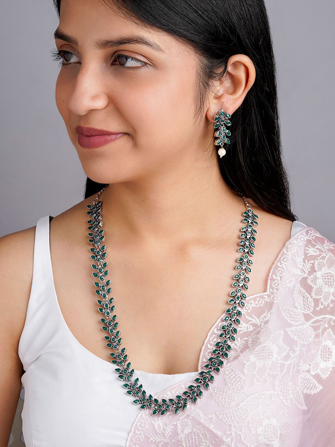 

TEEJH Silver-Plated Stones-Studded Oxidised Jewellery Set