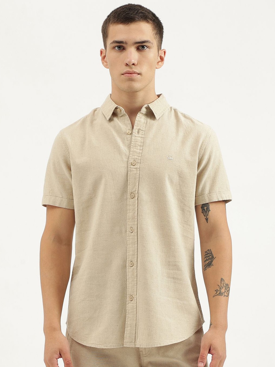 

United Colors of Benetton Men Slim Fit Opaque Casual Shirt, Beige