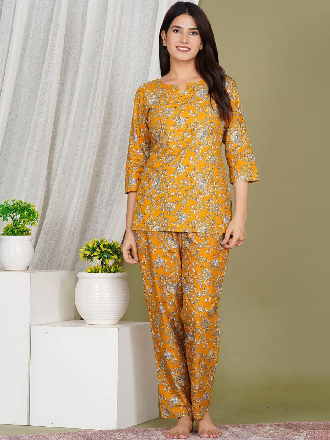 

Serenita Women Printed Pure Cotton Night Suit, Mustard