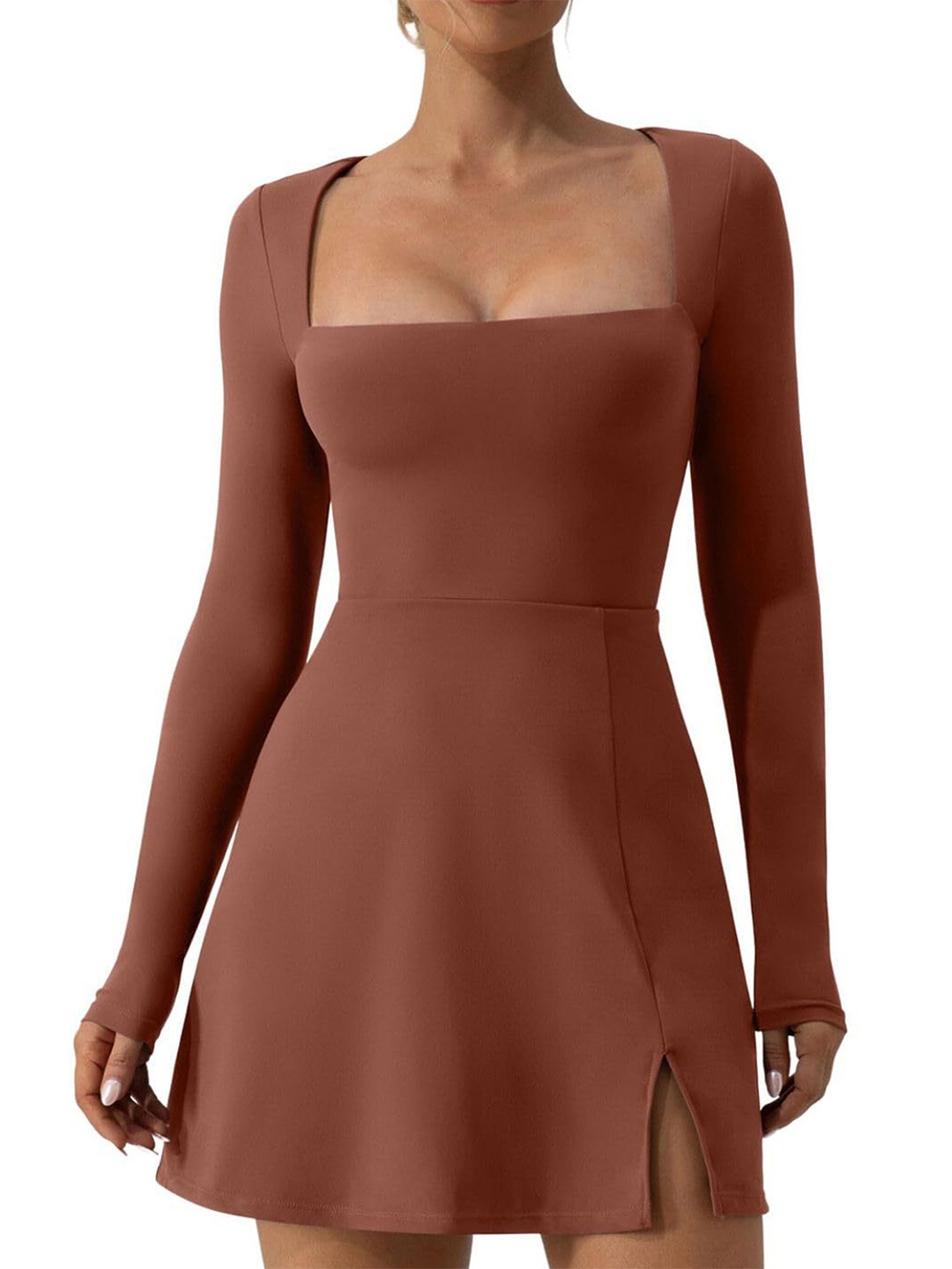 

LULU & SKY Women Square Neck A-Line Mini Dress, Brown