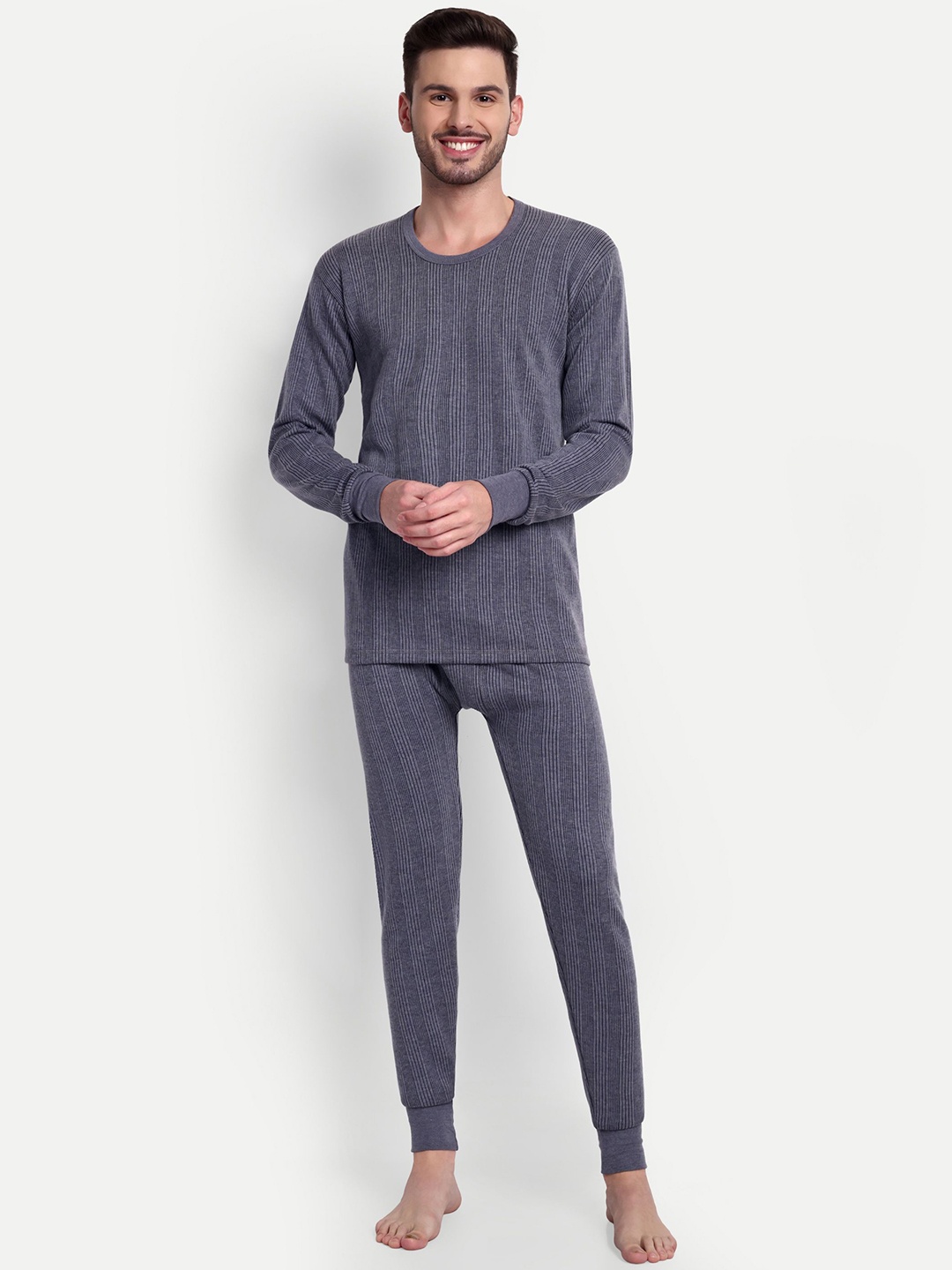 

ZEFFIT Men Striped Snug Fit Cotton Thermal Set, Blue