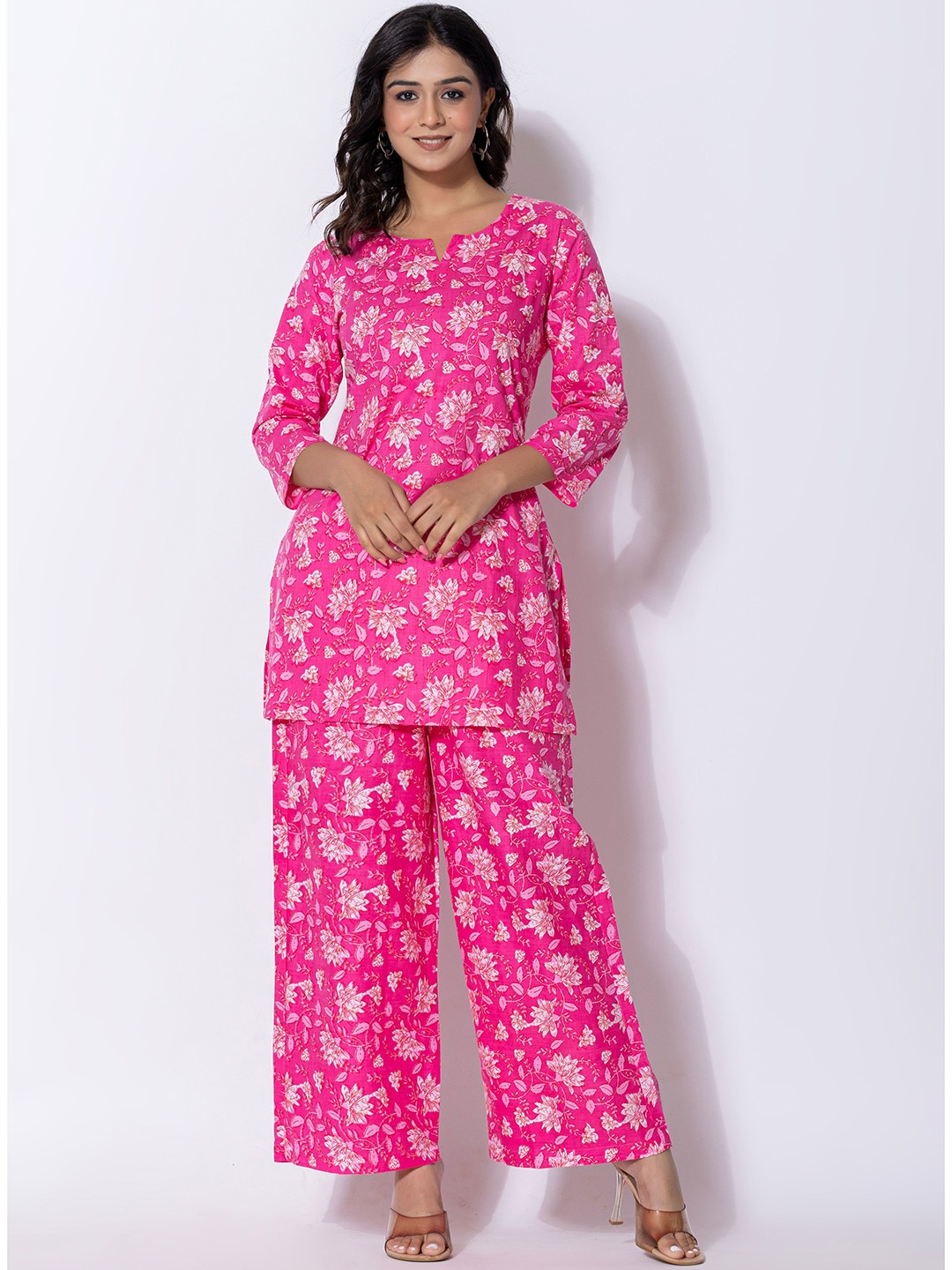 

Cottbelle Floral Printed Pure Cotton Tunic With Trousers Co-Ords, Pink