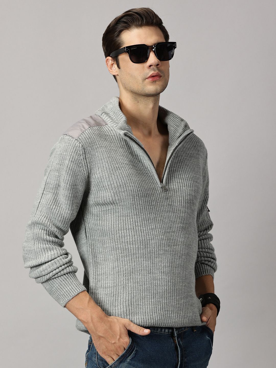 

BLACK BUCK High Neck Half Zipper Sweater, Grey