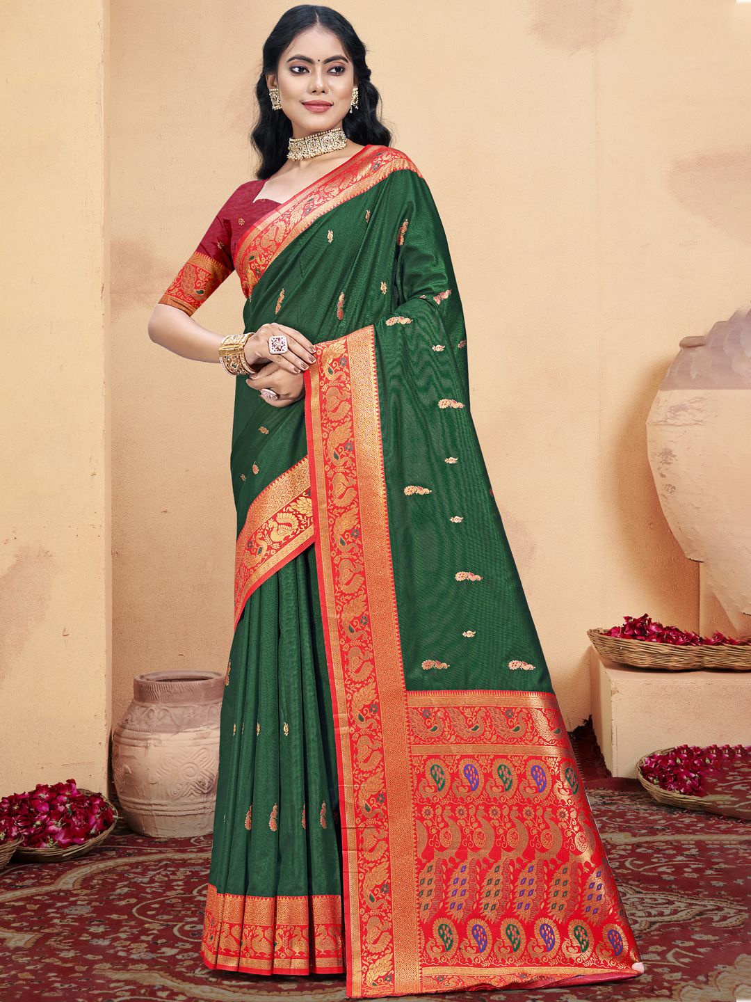 

SANGAM PRINTS Woven Design Zari Silk Blend Designer Tussar Saree, Green