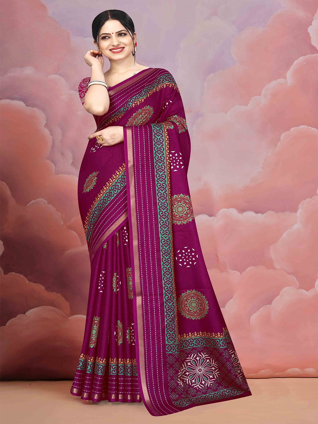 

STAVA CREATION Ethnic Motifs Zari Silk Cotton Mysore Silk Saree, Magenta