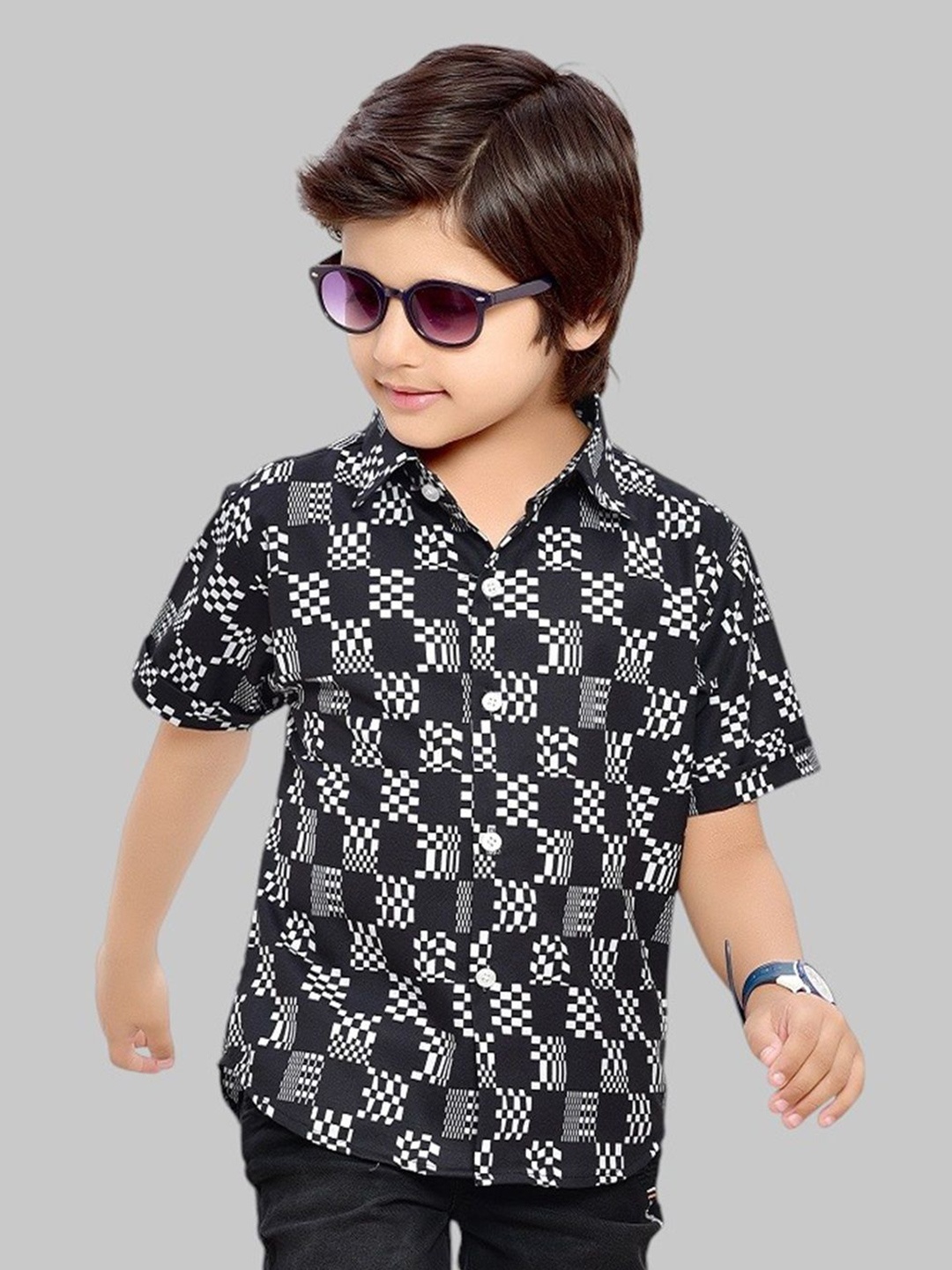 

BAESD Boys Comfort Spread Collar Geometric Printed Cotton Casual Shirt, Black