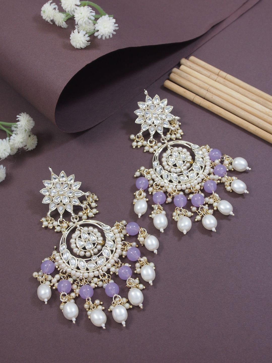 

I Jewels Contemporary Chandbalis Earrings, Purple