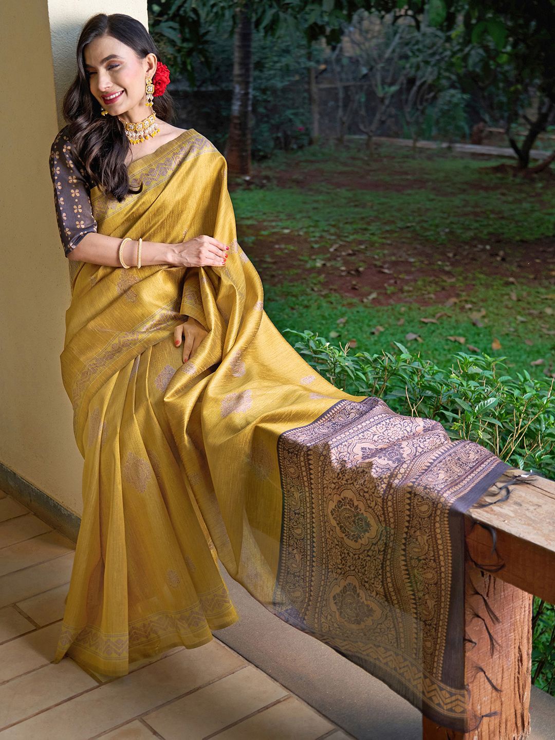 

Saree mall Dabu Silk Blend Bagh Sarees, Mustard