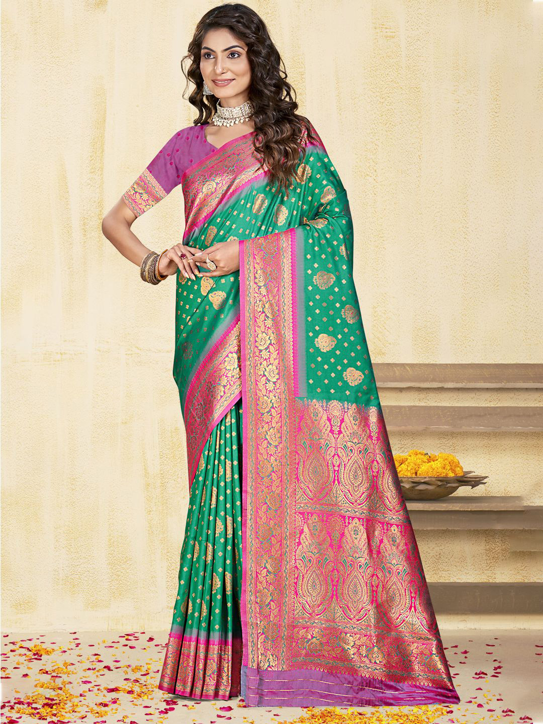 

SANGAM PRINTS Woven Design Silk Blend Designer Tussar Saree, Teal