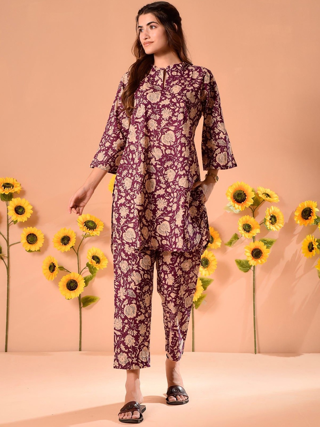 

all about you Mandarin Collar Printed Top With Trouser, Maroon