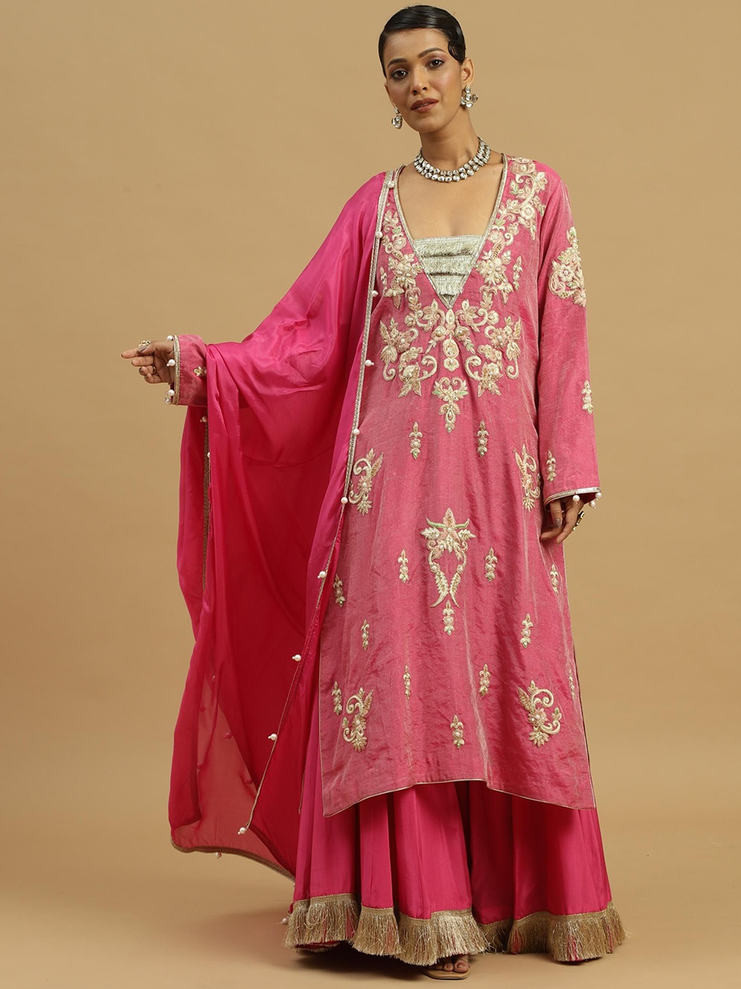 

Siyona by Ankurita Women Floral Embroidered Regular Beads and Stones Kurta with Sharara & With Dupatta, Pink