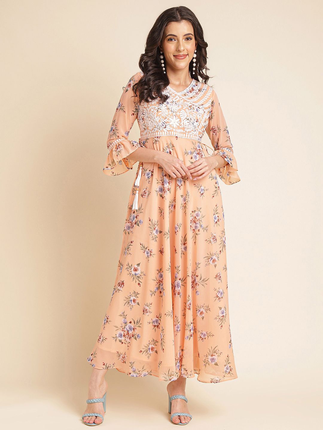 

all about you Embellished Embroidered Georgette Fit & Flare Maxi Dress, Peach