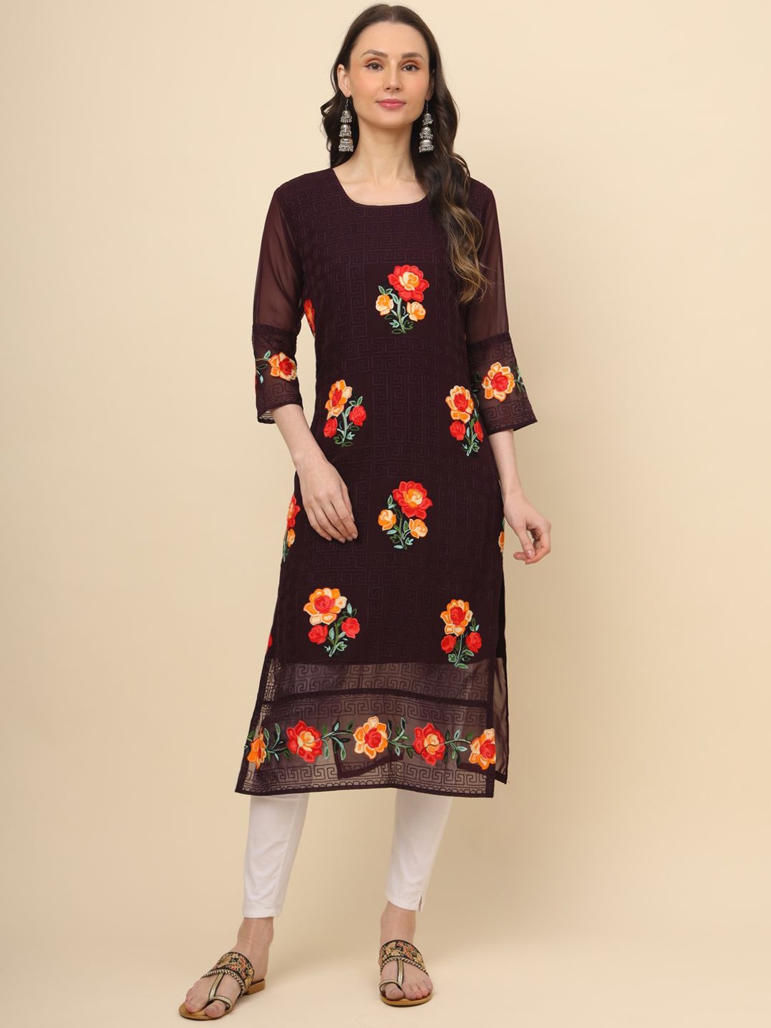 

HERE&NOW Women Floral Embroidered Thread Work Georgette Kurta, Burgundy