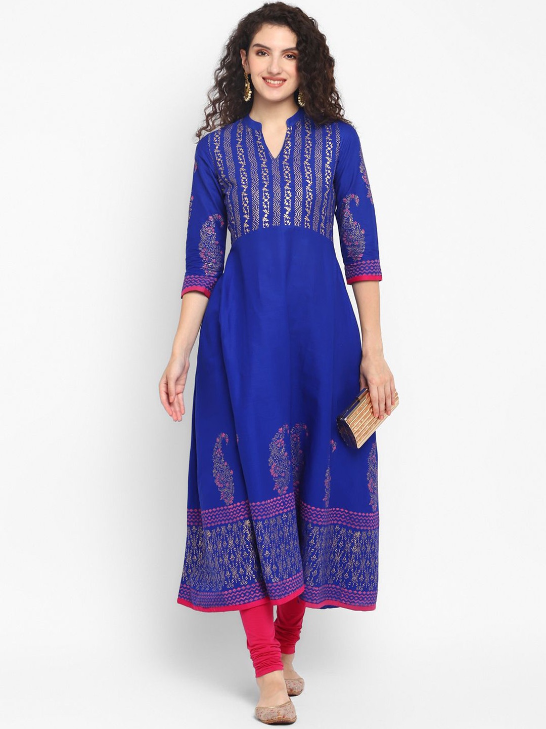 

CROESUS Women Block Printed Cotton Anarkali Kurta, Blue