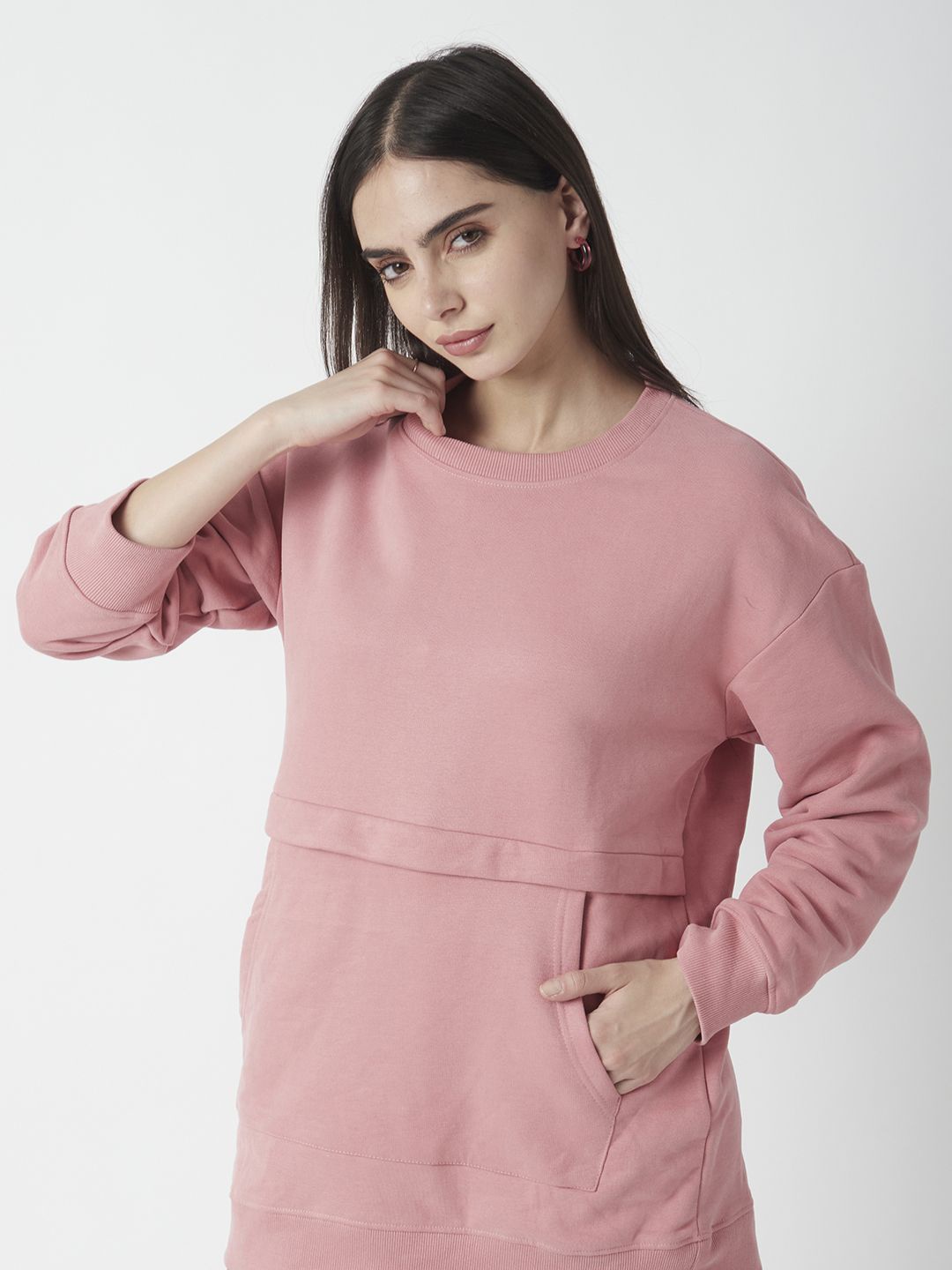 

R&B Women Solid Round Neck Cotton Sweatshirt, Pink